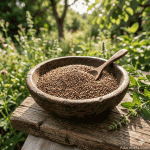 دانه کنجد قهوه‌ای اعلا در ظرف چوبی در طبیعت - عطاری شفا