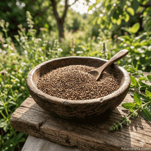 دانه کنجد قهوه‌ای اعلا در ظرف چوبی در طبیعت - عطاری شفا